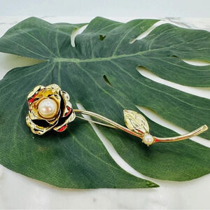 Vintage Large Rose Brooch with Pearl Center Goldtone 4.25” Statement Gla…